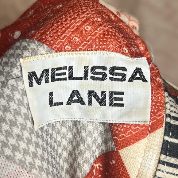 Vintage 70s Melissa Lane Patchwork Jumpsuit High Waist Tie Front Long Sleeve Mod - Picture 4 of 8